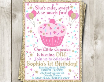 Cupcake Birthday Invitation - Cutest Little Cupcake Birthday Party - Girls 1st Birthday - Cake Invitation - Printed or Printable Invite