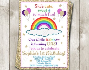 Rainbow Birthday Invitation - Little Rainbow Birthday Party - Girls 1st Birthday - Rainbow Baby Invitation - Printed or Printable Invite