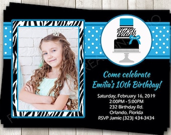 Blue Zebra Print Birthday Invitation -Birthday Cake Party Girls Photo Invite - Blue Black White - Custom Printed or Printable Invitation