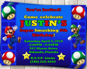 Super Mario Bros Birthday Invitation - Mario and Luigi Birthday Party - Super Smash Bros - Mario Party - Custom Printable or Printed Invite