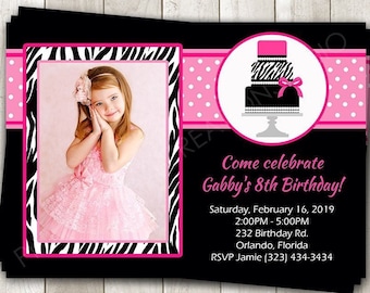 Pink Zebra Print Birthday Invitation -Birthday Cake Party Girls Photo Invite - Hot Pink Black White - Custom Printed or Printable Invitation