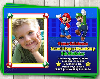 Super Mario Bros Birthday Invitation - Mario and Luigi Birthday Party Photo Invite - Super Smash Bros - Mario Party - Printable or Printed
