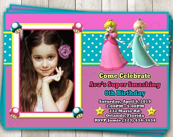 Super Mario Bros Princess Peach Birthday Invitation - Rosalina and Peach Girls Birthday Party Photo Invite - Printed or Printable Invitation