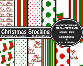 Christmas Stocking Digital Paper Pack, Christmas Party Printable, Red and Green Polka Dots, Scrapbooking Paper, Instant Download