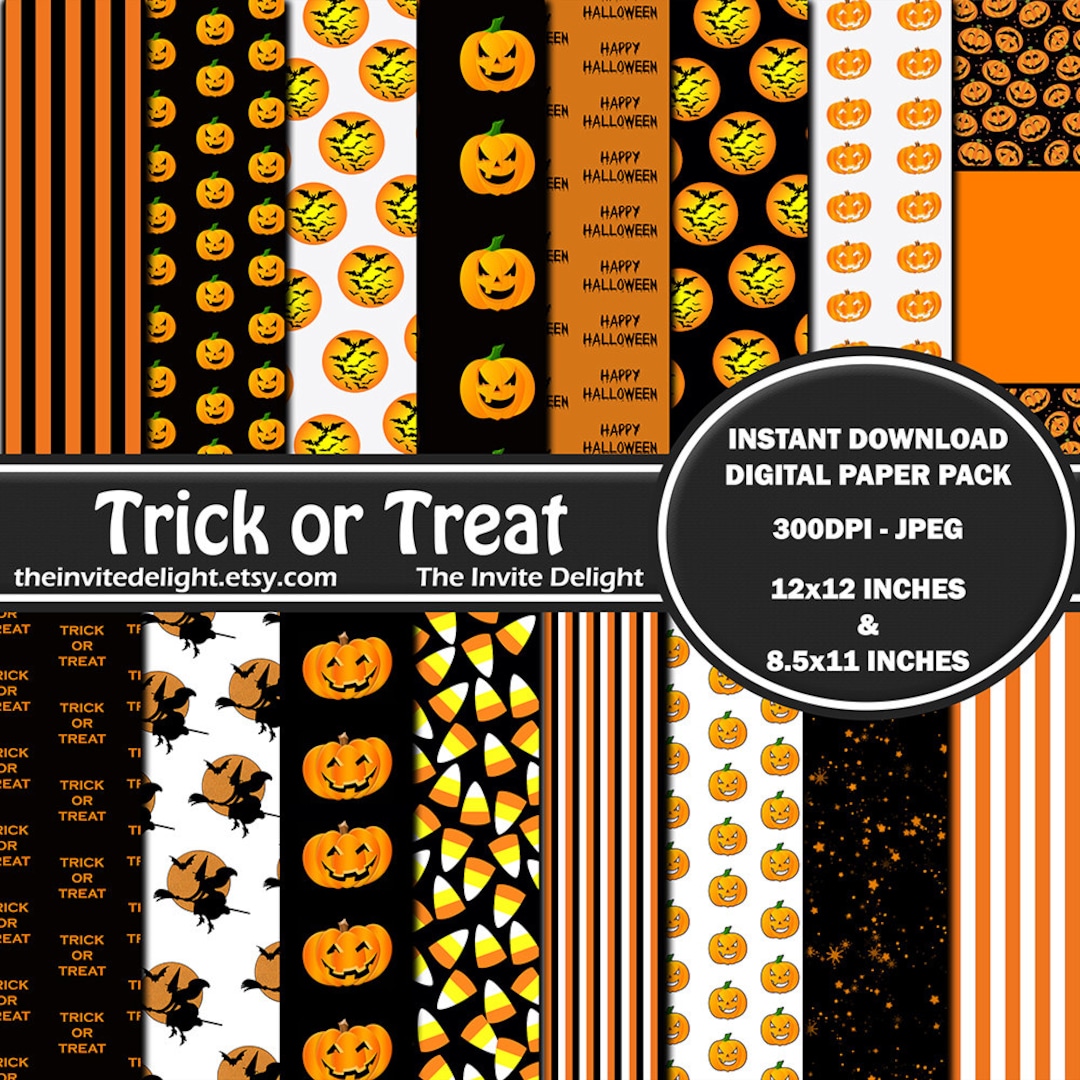 Trick or Treat Digital Paper Pack, Halloween Party Printable, Pumpkins ...