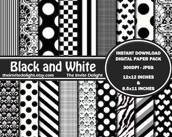 Black and White Digital Paper Pack, , Black and White Damask, Polka Dots, Printable Birthday Decor, Scrapbooking Paper, Instant Download