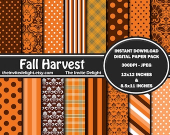 May include: A digital paper pack with 12 different patterns in orange, brown, and white. The patterns include polka dots, stripes, plaid, and damask. The pack includes 12x12 inch and 8.5x11 inch papers. The text "Fall Harvest" is displayed on the image.