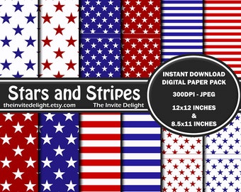 May include: Digital paper pack with red, white, and blue stars and stripes patterns. The pack includes 8.5x11 inch and 12x12 inch designs. Instant download, 300 DPI, JPEG.