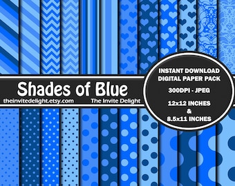 Shades of Blue Digital Paper Pack, Blue Polka Dots, Blue Striped, Scrapbooking Paper, Instant Download