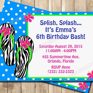 Pool Party Birthday Invitation - Zebra Flip Flops Invite - Beach Swimming Party Invite - Personalized Printable Invite