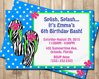 Pool Party Birthday Invitation - Zebra Flip Flops Invite - Beach Swimming Party Invite - Personalized Printable Invite