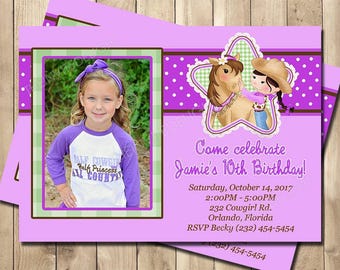 Cowgirl Birthday Invitation -Purple Cowgirl Party Invite - Photo Invitation - Rustic Western Party - Personalized Printed Printable Invite