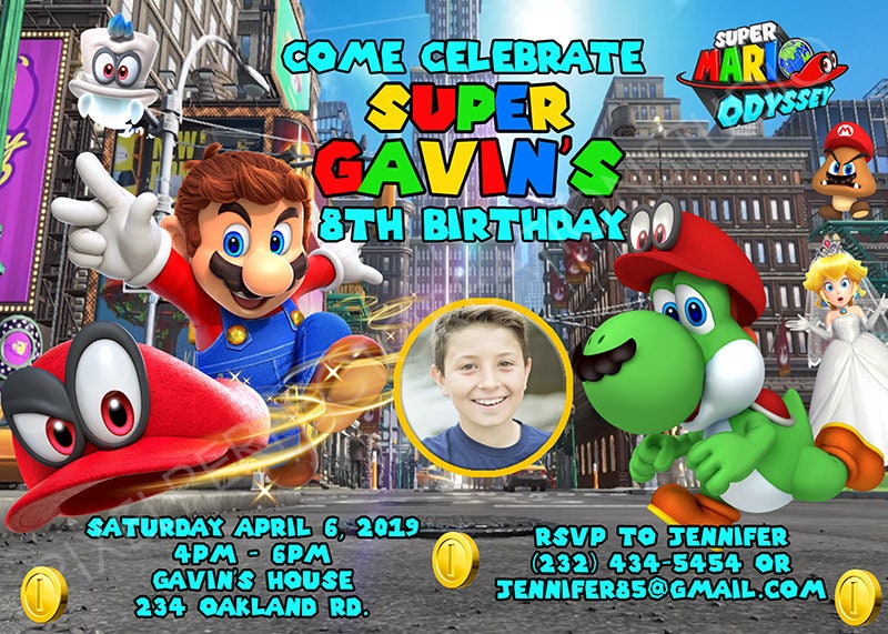 Super Mario Odyssey Birthday Invitation Mario Cappy Yoshi Etsy