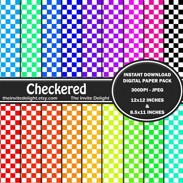 Checkered Digital Paper Pack,Checkerboard Backgrounds, Racecar Party, Scrapbooking Paper, Instant Download