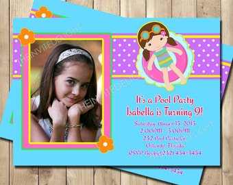 Pool Party Birthday Invitation - Girls Swimming Party Invite - Pool Party Summer Invite - Version 5 - Personalized Printable Photo Invite