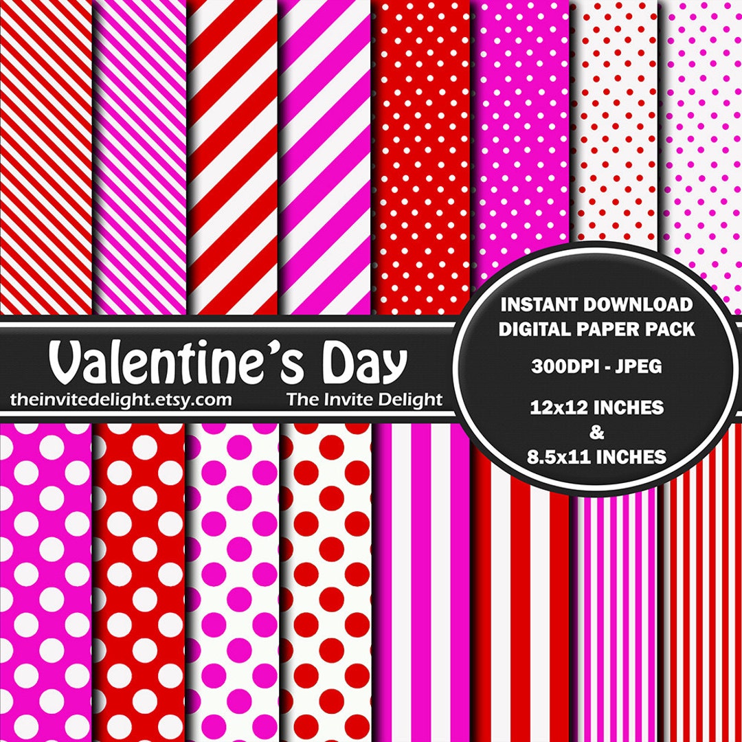 Valentine's Day Digital Paper Pack, Hot Pink Stripes, Red Polka Dots ...