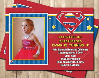 Supergirl Birthday Invitation - Superhero Party Supergirl Invite - Red Blue Yellow - Girls Birthday - Personalized Printed Printable Invite