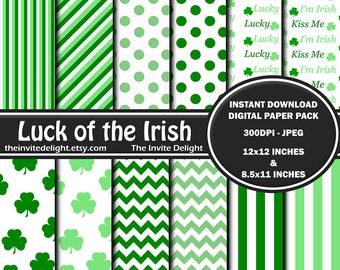 Luck of the Irish Digital Paper Pack, Green Paper, Green Polka Dots, St. Patrick's Day Stripes, Scrapbooking Paper, Instant Download