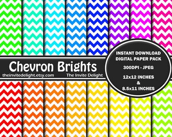 Chevron Brights Digital Paper Pack, Zigzag Patterns, Rainbow Chevron Party Decor Printable, Scrapbooking Paper, Instant Download