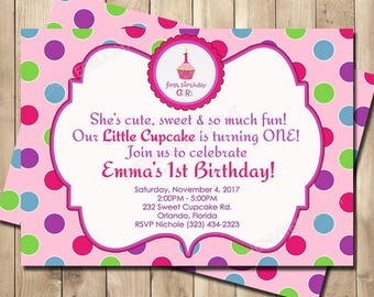 Little Cupcake First Birthday Invitation - Sweet Shop Girl 1st Birthday Party - Hot Pink Polka Dot - Personalized Printed Printable Invite