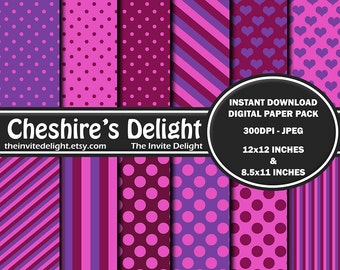 Cheshire's Delight Digital Paper Pack, Cheshire Cat Printable, Alice in Wonderland Birthday Party, Scrapbooking Paper, Instant Download