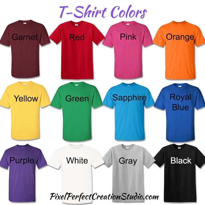 Puede incluir: Un gr&aacute;fico que muestra 12 colores de camiseta diferentes. Los colores son granate, rojo, rosa, naranja, amarillo, verde, zafiro, azul real, morado, blanco, gris y negro.