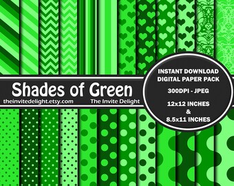 Shades of Green Digital Paper Pack, St. Patrick's Day Polka Dots, Green Striped, Scrapbooking Paper, Instant Download