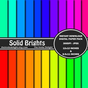 Solid Brights Digital Paper Pack, Tęczowy papier do druku, Tęczowe przyjęcie urodzinowe, Papier do scrapbookingu, Natychmiastowe pobieranie