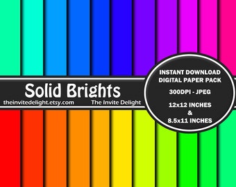 Solid Brights Digital Paper Pack, Rainbow Printable Paper, Rainbow Birthday Party, Scrapbooking Paper, Instant Download