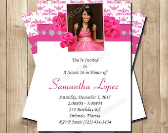 Sweet 16 Damask and Roses Birthday Invitation - Sweet Sixteen Pink and White - Quinceanera Invite - Personalized Printable Photo Invite