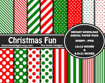 Christmas Fun Digital Paper Pack, Red Green White Polka Dots, Christmas Party Decor Printable, Scrapbooking Paper, Instant Download