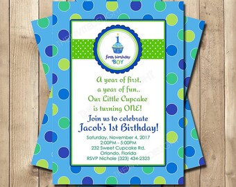 Sweet Little Cupcake First Birthday Invitation - Boys 1st Birthday Party - Blue Green Polka Dot - Personalized Printed Printable Invite