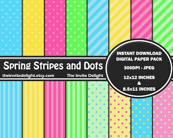 Lente strepen en stippen digitale papier Pack, Pastel Polka stippen, Pastel gestreept, Pasen partij, Scrapbooking papier, Instant Download