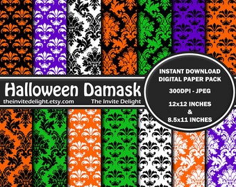 Halloween Damask Digital Paper Pack, Halloween Party Printable,Orange and Black, Scrapbooking Paper, Instant Download