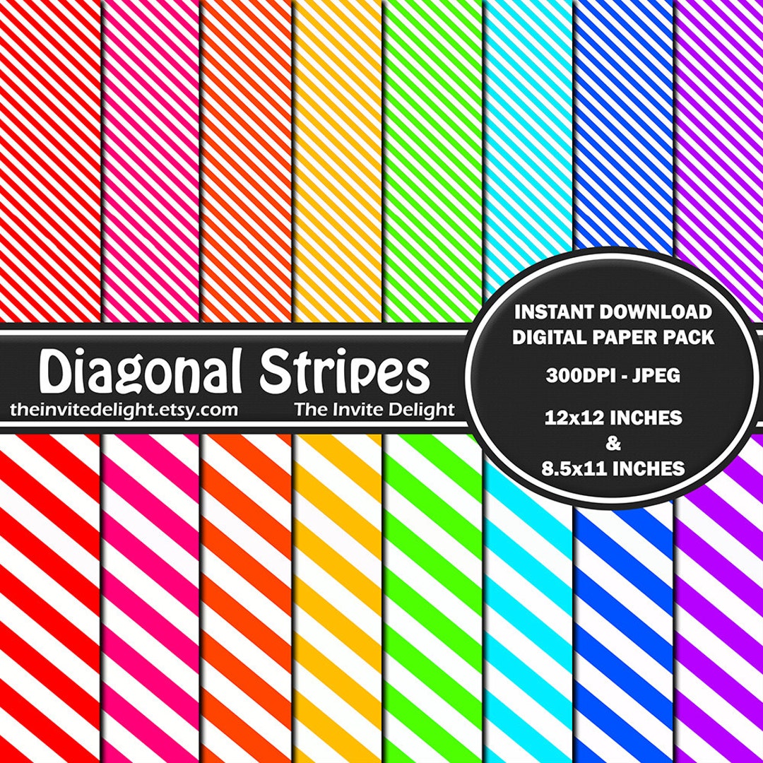 Diagonal Stripes Digital Paper Pack, Rainbow Striped Backgrounds ...