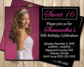 Sweet 16 Birthday Invitation - Sweet Sixteen Hot Pink and Black Invite - Quinceanera Invite - Personalized Printable Photo Invite