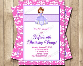 Sofia the First Birthday Invitation - Sofia the First Pink Damask - Princess Sofia Party Invite - Personalized Printable Invite