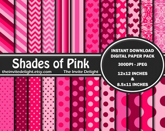 Shades of Pink Digital Paper Pack, Valentine's Day Polka Dots, Hot Pink Striped, Scrapbooking Paper, Instant Download