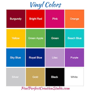 Puede incluir: Una tabla de colores de vinilo con los siguientes colores: burdeos, rojo brillante, rosa, naranja, amarillo, verde manzana, verde, azul playa, azul cielo, azul real, lila, morado, plata, oro, negro y blanco.
