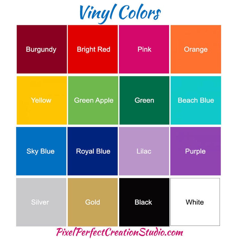 Puede incluir: Una tabla de colores de vinilo con los siguientes colores: burdeos, rojo brillante, rosa, naranja, amarillo, verde manzana, verde, azul playa, azul cielo, azul real, lila, morado, plata, oro, negro y blanco.