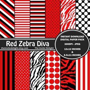 Red Zebra Diva Digital Paper Pack, Red and White Polka Dots, Zebra Print, Ladybug Striped, Scrapbooking Paper, Instant Download