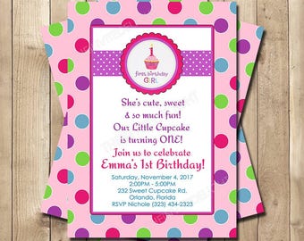 Sweet Little Cupcake First Birthday Invitation - Girls 1st Birthday Party - Hot Pink Polka Dot - Personalized Printed Printable Invite