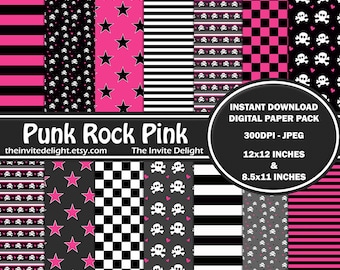 Punk Rock Pink Digital Paper Pack, Pink and Black Stripes, Skater Party Decor, Stars and Skulls, Scrapbooking Paper, Instant Download