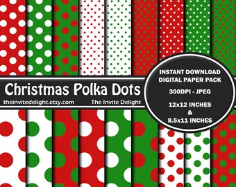 Christmas Polka Dots Digital Paper Pack, Christmas Decor, Christmas Party Printable, Red and Green, Scrapbooking Paper, Instant Download