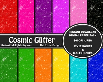 Cosmic Glitter Digital Paper Pack, Rainbow Birthday Party, Stars and Space Party Printable, Scrapbooking Paper, Instant Download