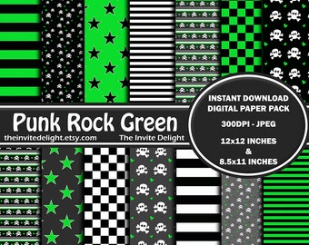 Punk Rock Green Digital Paper Pack, Green and Black Stripes, Skater Party Decor, Stars and Skulls, Scrapbooking Paper, Instant Download