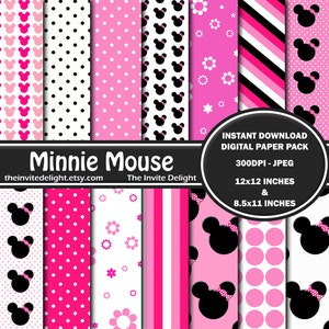 May include: A digital paper pack featuring Minnie Mouse with pink, black, and white polka dot, striped, and floral patterns. The pack includes 12x12 inch and 8.5x11 inch papers.  "Instant Download Digital Paper Pack 300DPI - JPEG 12x12 inches & 8.5x11 inches"
