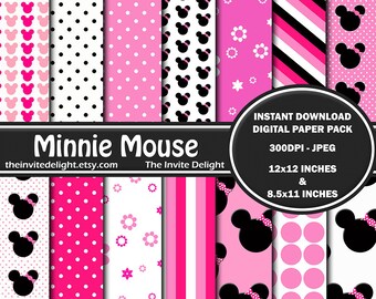Minnie Mouse Digital Paper Pack, Pink Polka Dots, Minnie Mouse Heads, Printable Party Decor, Scrapbooking Paper, Instant Download