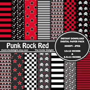 Punk Rock Red Digital Paper Pack, Red and Black Stripes, Skater Party Decor, Stars and Skulls, Scrapbooking Paper, Instant Download