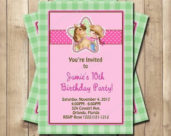 Cowgirl Birthday Invitation - Green and Pink Gingham Cowgirl Party Invite - Rustic Western Party - Personalized Printed Printable Invite
